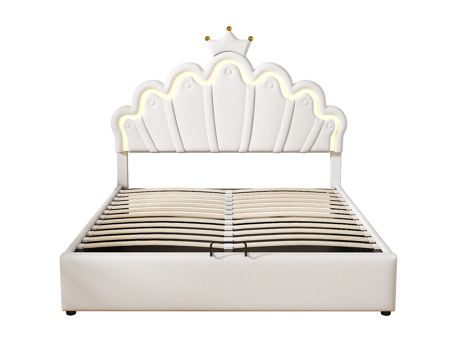 Lit coffre 140x200 cm - Lit enfant avec bande lumineuse LED - tête de lit en forme de couronne - PU blanc