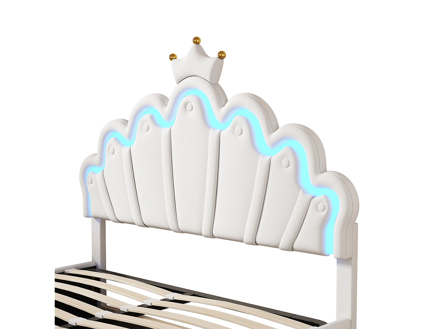 Lit coffre 140x200 cm - Lit enfant avec bande lumineuse LED - tête de lit en forme de couronne - PU blanc