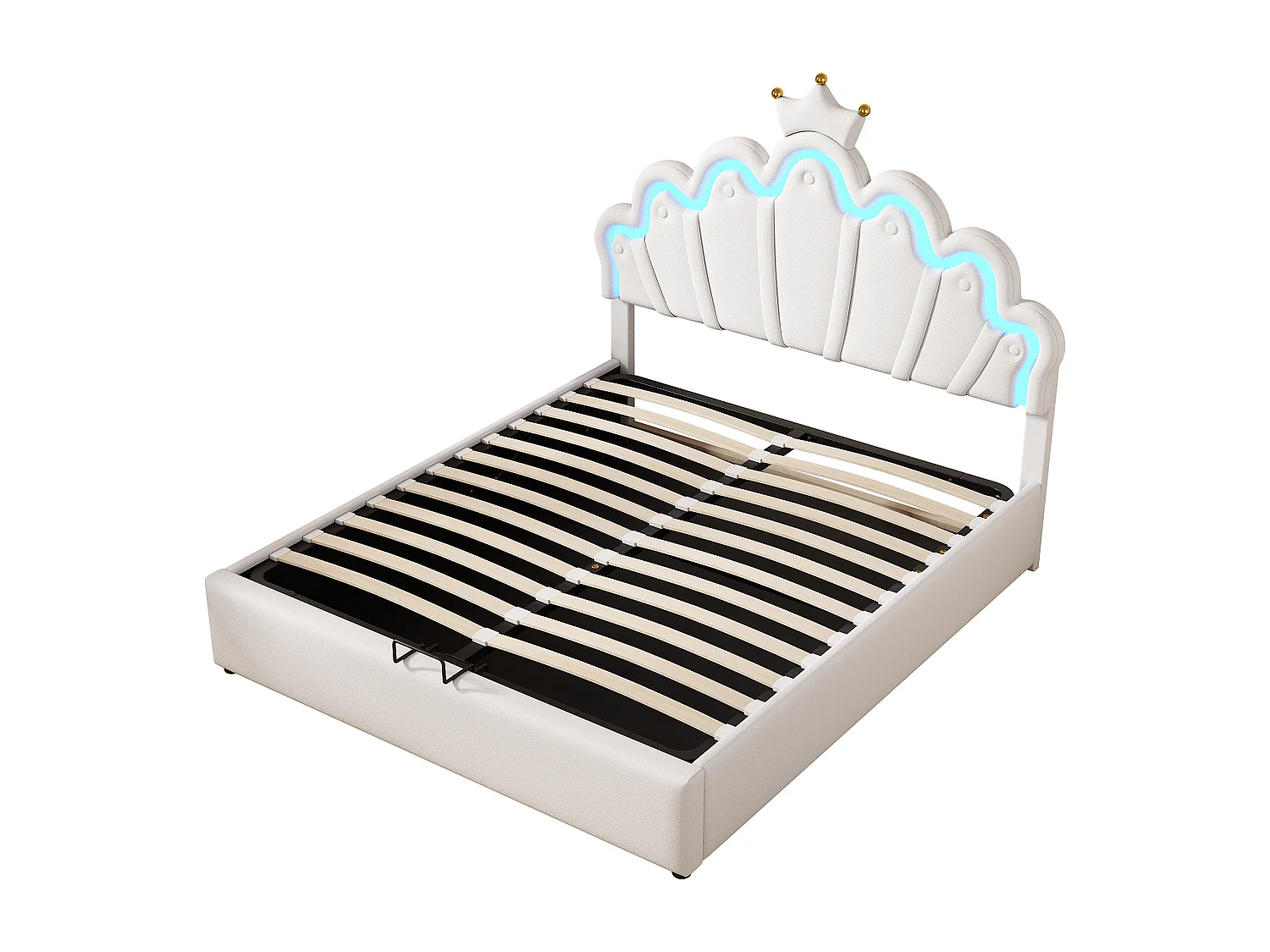 Lit coffre 140x200 cm - Lit enfant avec bande lumineuse LED - tête de lit en forme de couronne - PU blanc