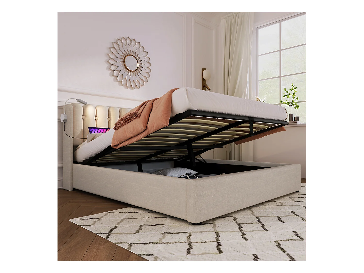 Lit coffre 140x200 cm - Lit adulte avec liseuse et fonction charge - lin - naturel - sans matelas