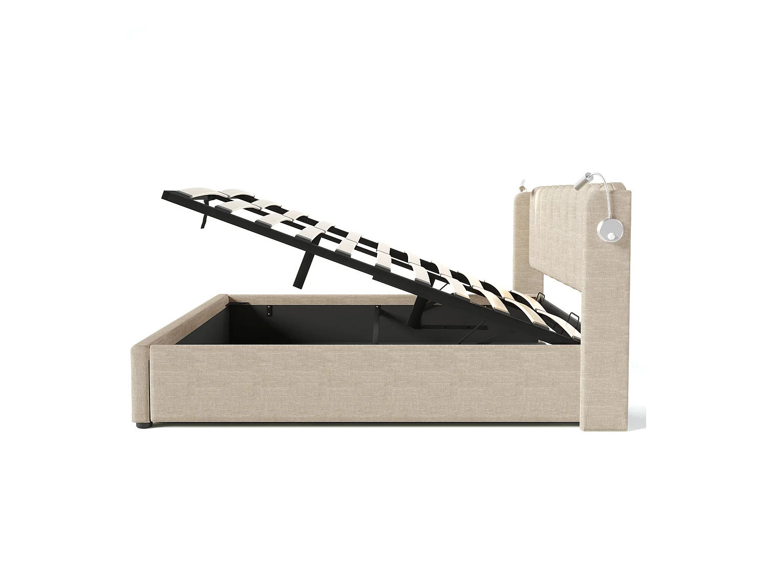 Lit coffre 140x200 cm - Lit adulte avec liseuse et fonction charge - lin - naturel - sans matelas