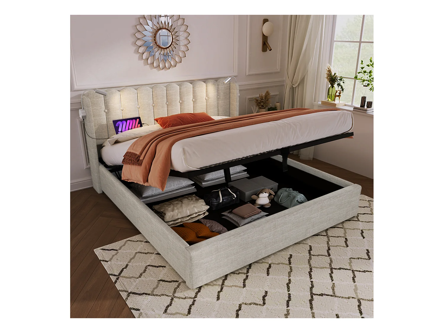 Lit coffre 140x200 cm - Lit adulte avec liseuse et fonction charge - lin - naturel - sans matelas