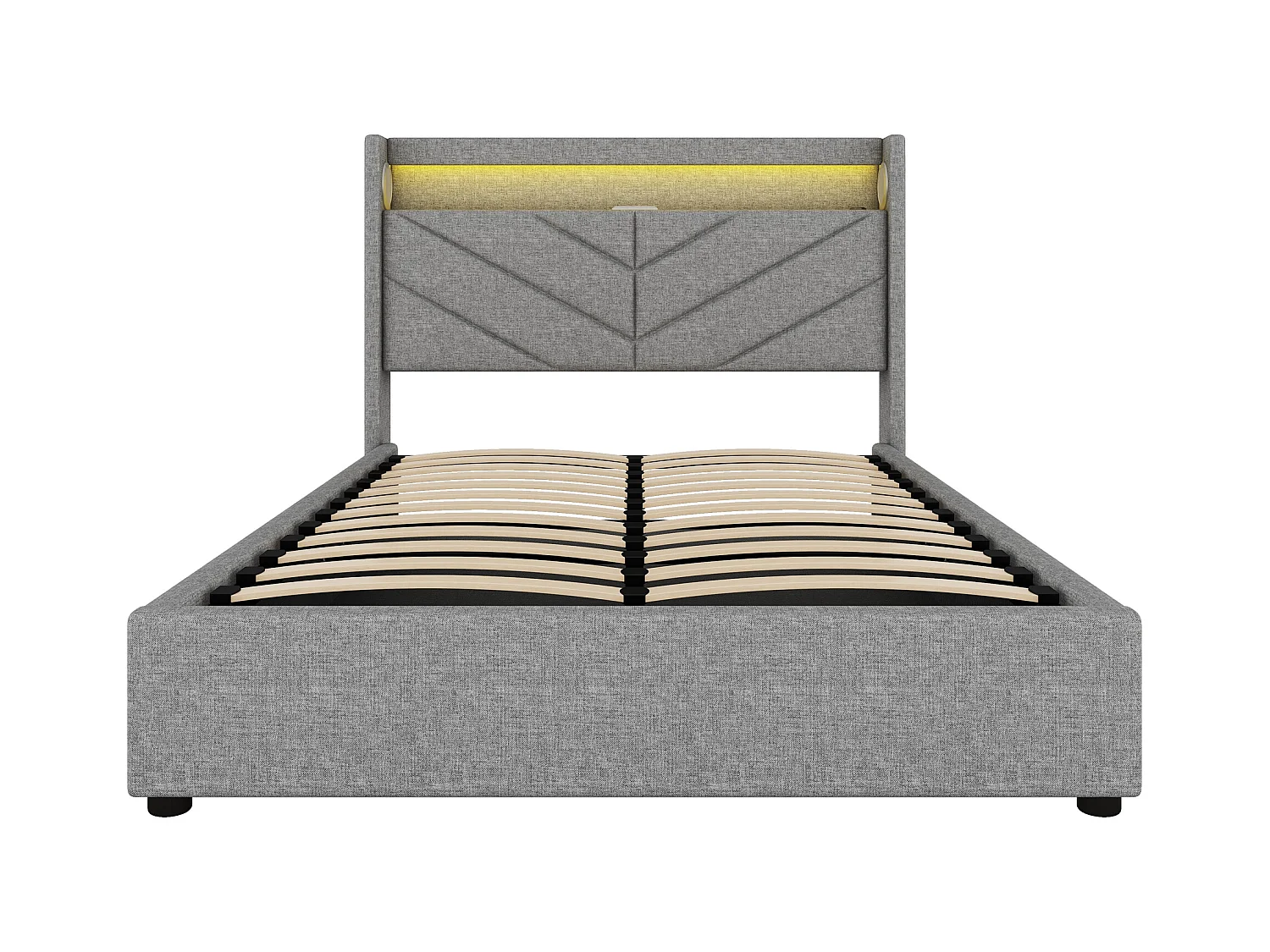 Lit coffre 140x190 cm - Lit adulte avec éclairage LED, recharge USB et système audio - lin gris