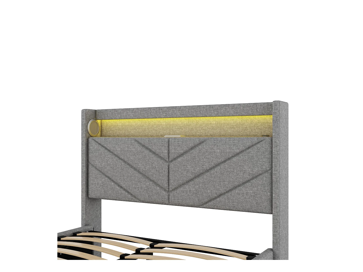 Lit coffre 140x190 cm - Lit adulte avec éclairage LED, recharge USB et système audio - lin gris