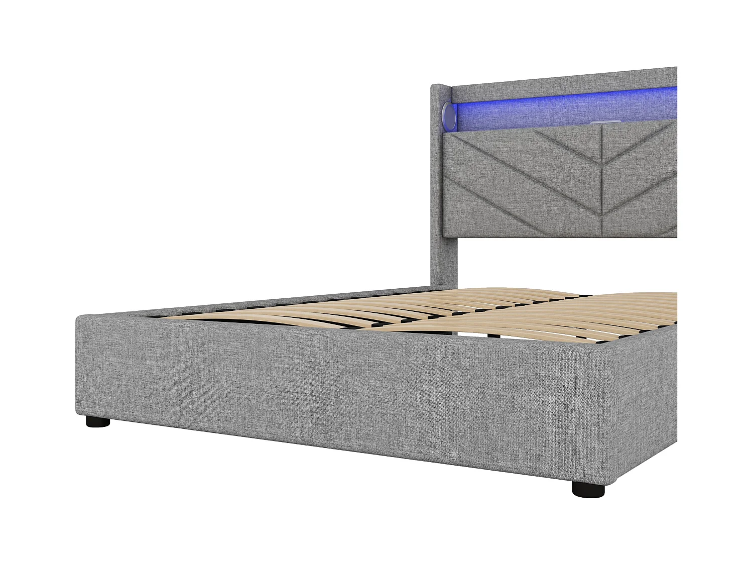 Lit coffre 140x190 cm - Lit adulte avec éclairage LED, recharge USB et système audio - lin gris