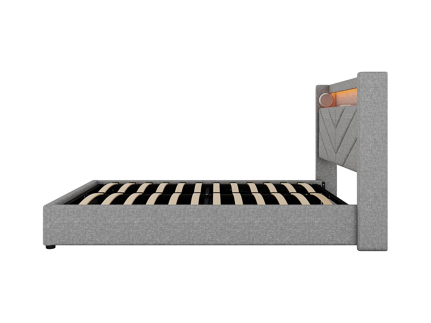 Lit coffre 140x190 cm - Lit adulte avec éclairage LED, recharge USB et système audio - lin gris