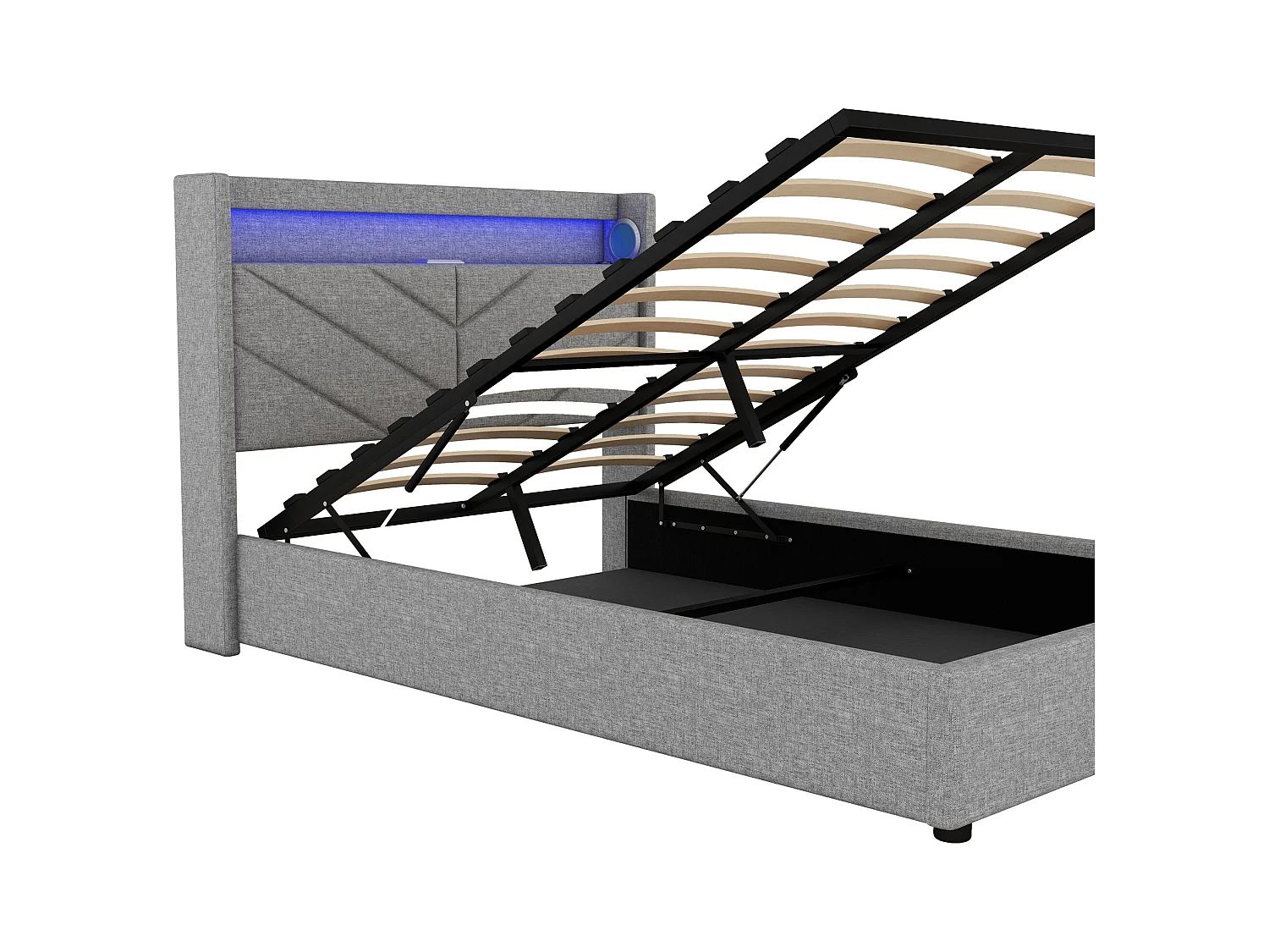 Lit coffre 140x190 cm - Lit adulte avec éclairage LED, recharge USB et système audio - lin gris