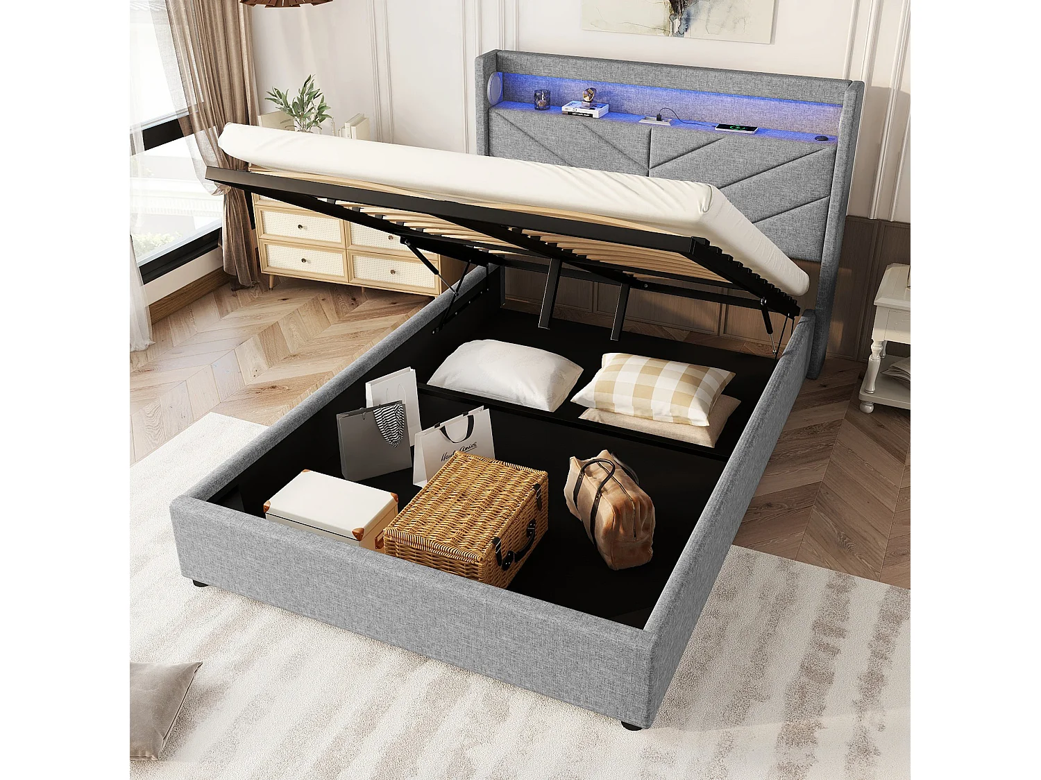 Lit coffre 140x190 cm - Lit adulte avec éclairage LED, recharge USB et système audio - lin gris