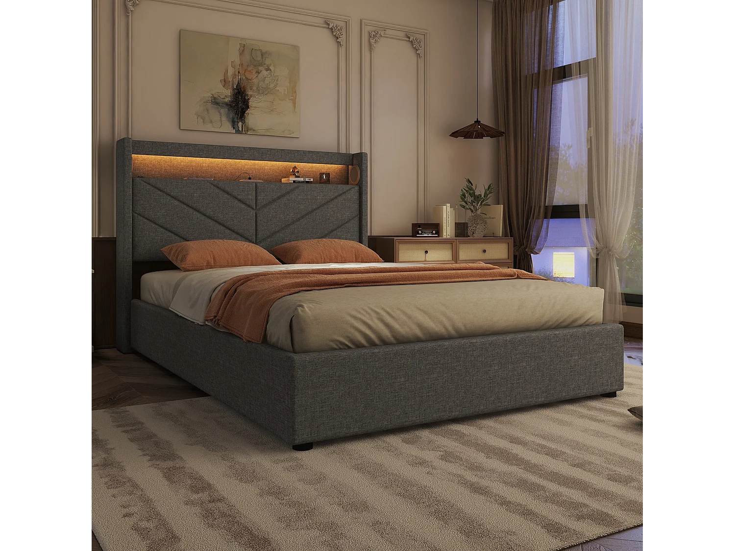 Lit coffre 140x190 cm - Lit adulte avec éclairage LED, recharge USB et système audio - lin gris