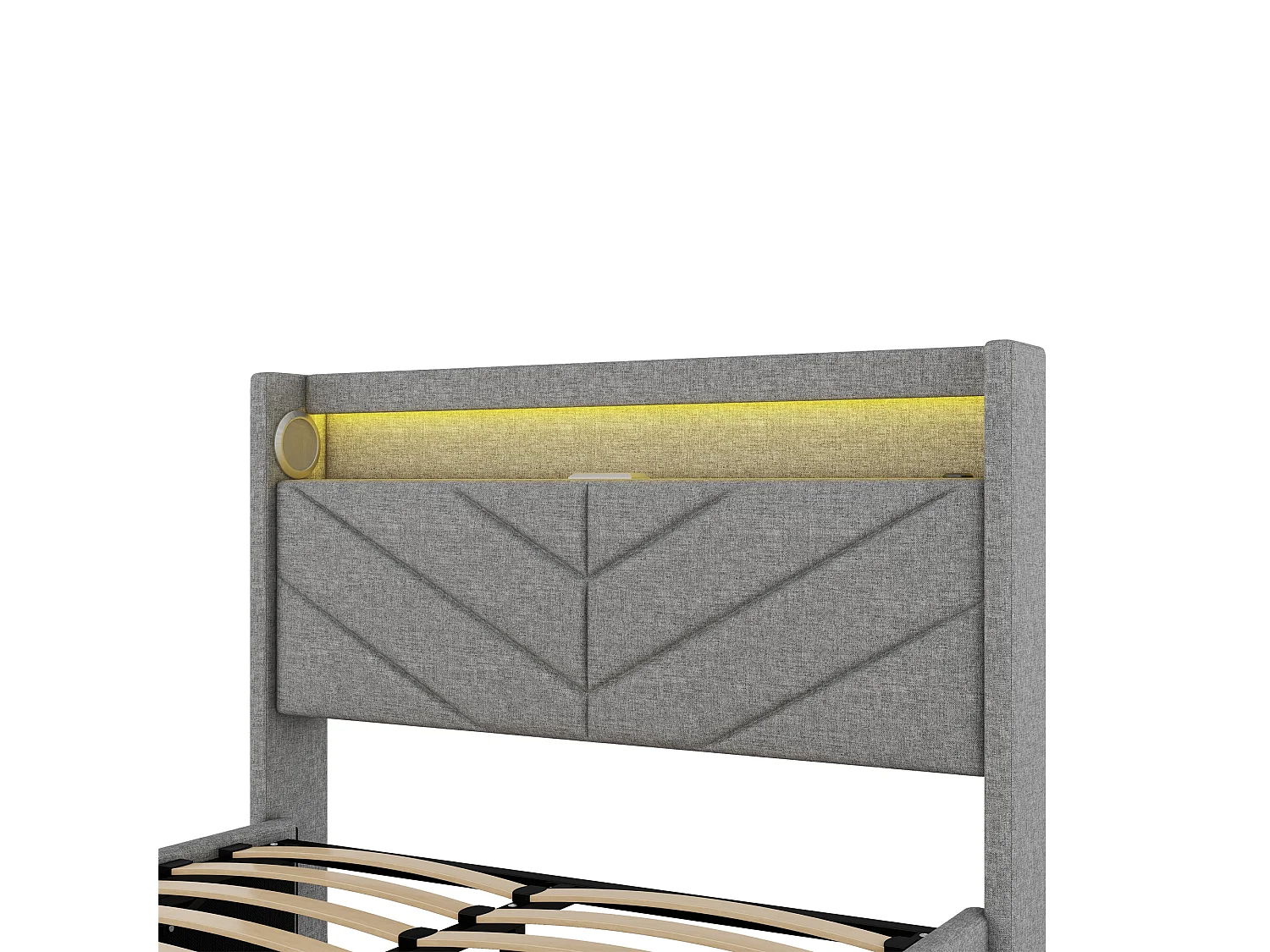 Lit coffre 140x190 cm - Lit adulte avec éclairage LED, recharge USB et système audio - lin gris