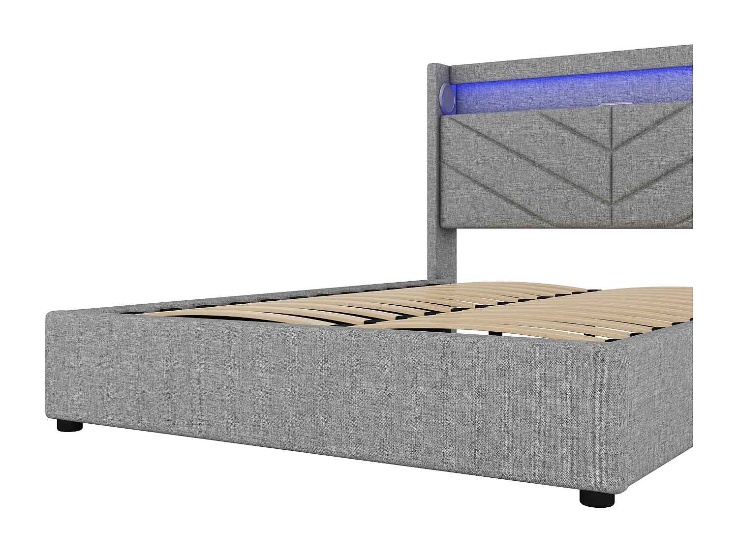 Lit coffre 140x190 cm - Lit adulte avec éclairage LED, recharge USB et système audio - lin gris