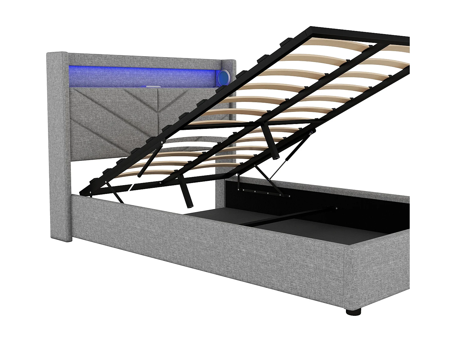 Lit coffre 140x190 cm - Lit adulte avec éclairage LED, recharge USB et système audio - lin gris