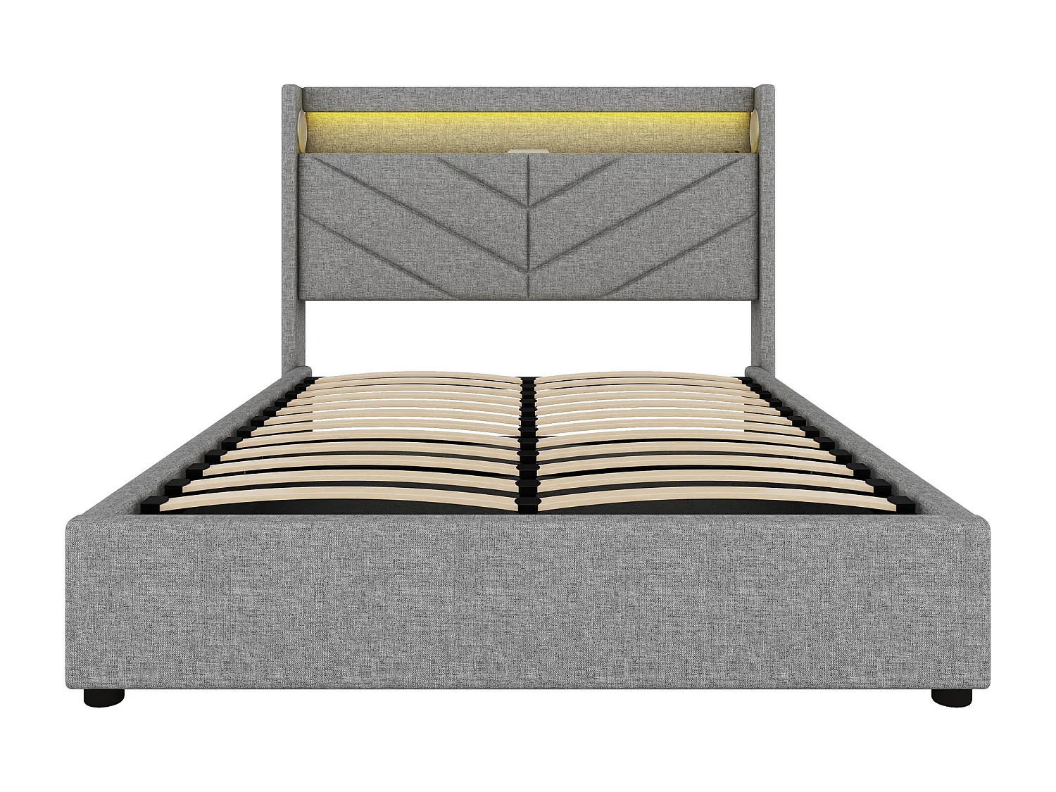 Lit coffre 140x190 cm - Lit adulte avec éclairage LED, recharge USB et système audio - lin gris
