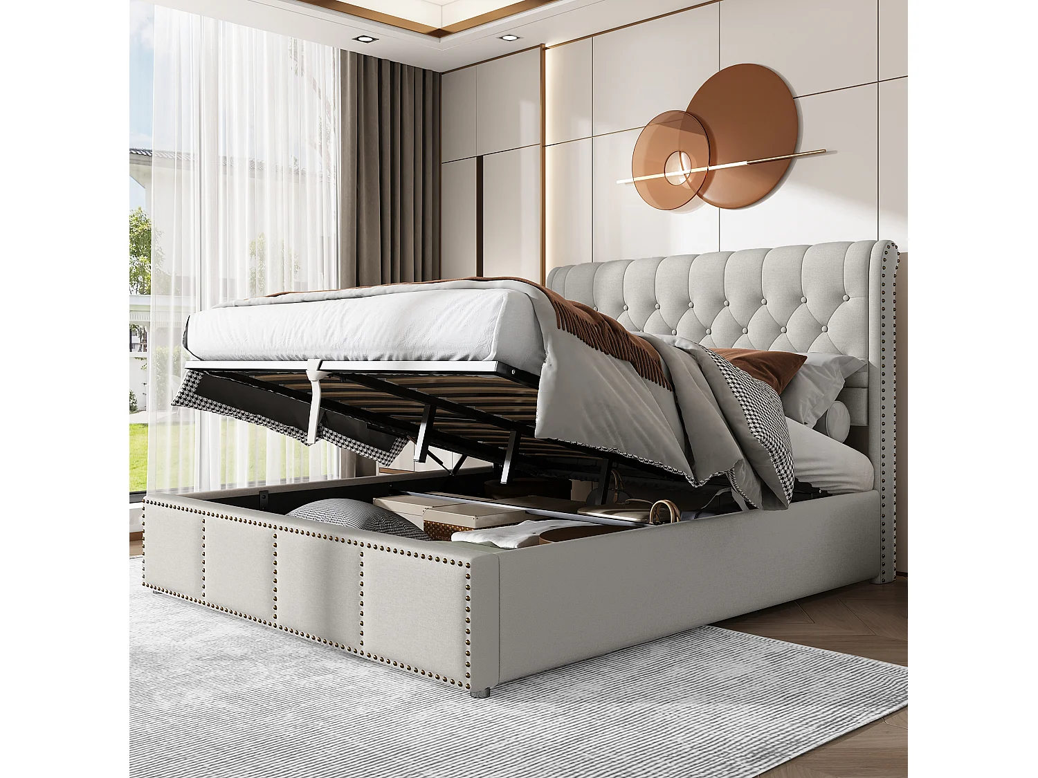 Cama con almacenaje 140x200 cm - Cama para adultos con cabecero tapizado - decoración con tachuelas - lino gris claro - sin colchón