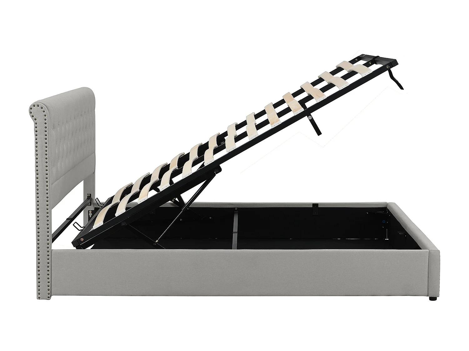 Lit coffre 140x200 cm - Lit adulte avec tête de lit capitonnée - décor clouté - lin gris clair - sans matelas