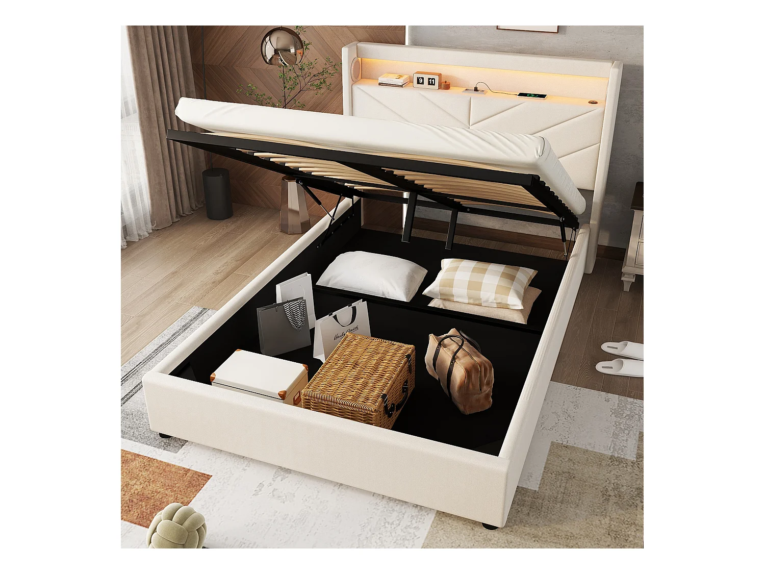 Lit coffre 140x190 cm - Lit adulte avec éclairage LED, recharge USB et système audio - lin beige