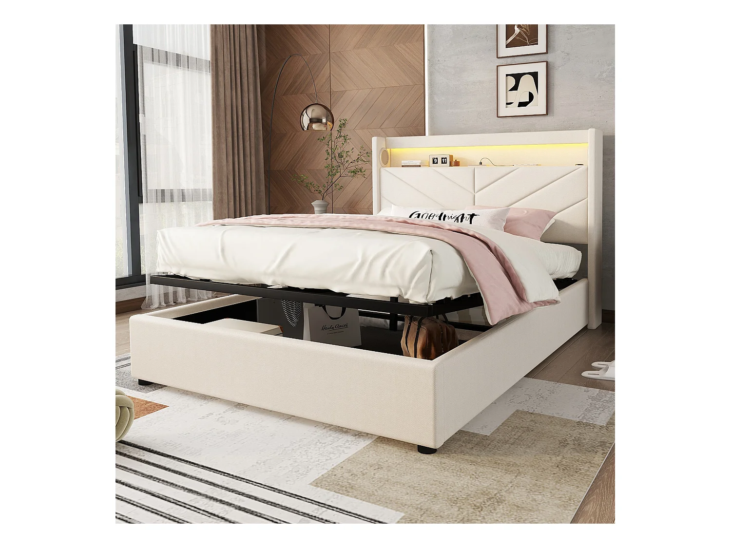 Lit coffre 140x190 cm - Lit adulte avec éclairage LED, recharge USB et système audio - lin beige