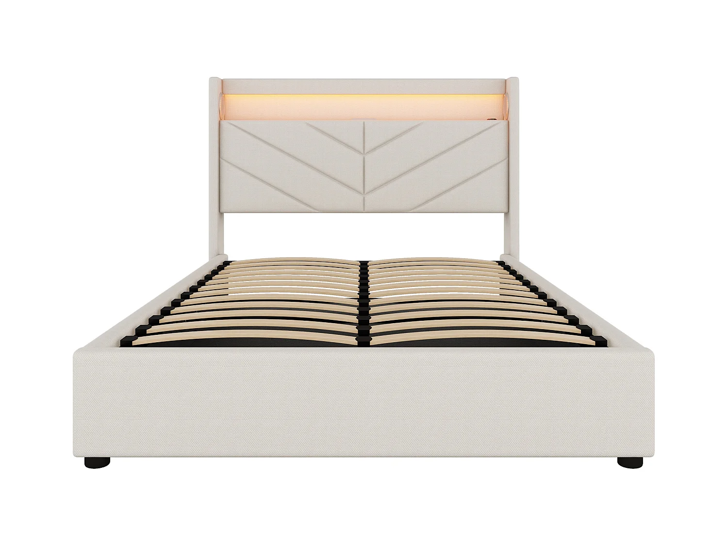Lit coffre 140x190 cm - Lit adulte avec éclairage LED, recharge USB et système audio - lin beige