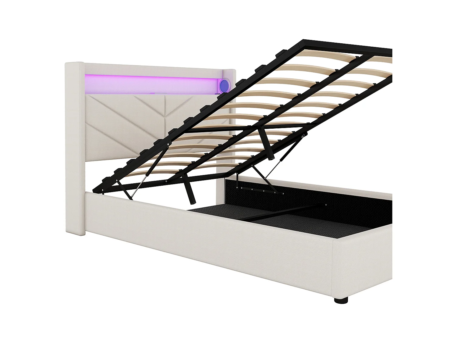 Lit coffre 140x190 cm - Lit adulte avec éclairage LED, recharge USB et système audio - lin beige