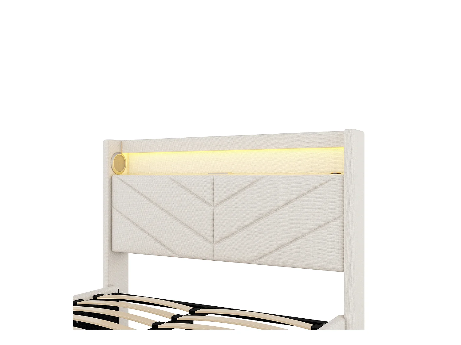 Lit coffre 140x190 cm - Lit adulte avec éclairage LED, recharge USB et système audio - lin beige