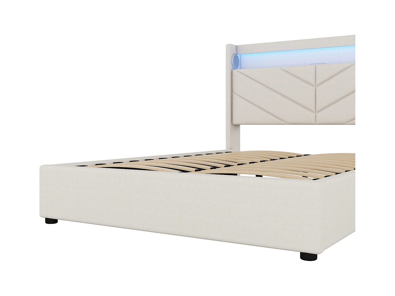Lit coffre 140x190 cm - Lit adulte avec éclairage LED, recharge USB et système audio - lin beige