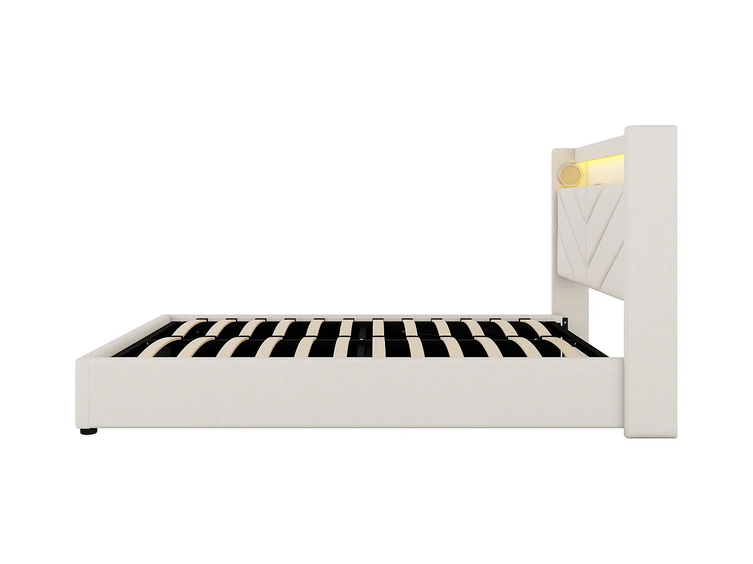 Lit coffre 140x190 cm - Lit adulte avec éclairage LED, recharge USB et système audio - lin beige