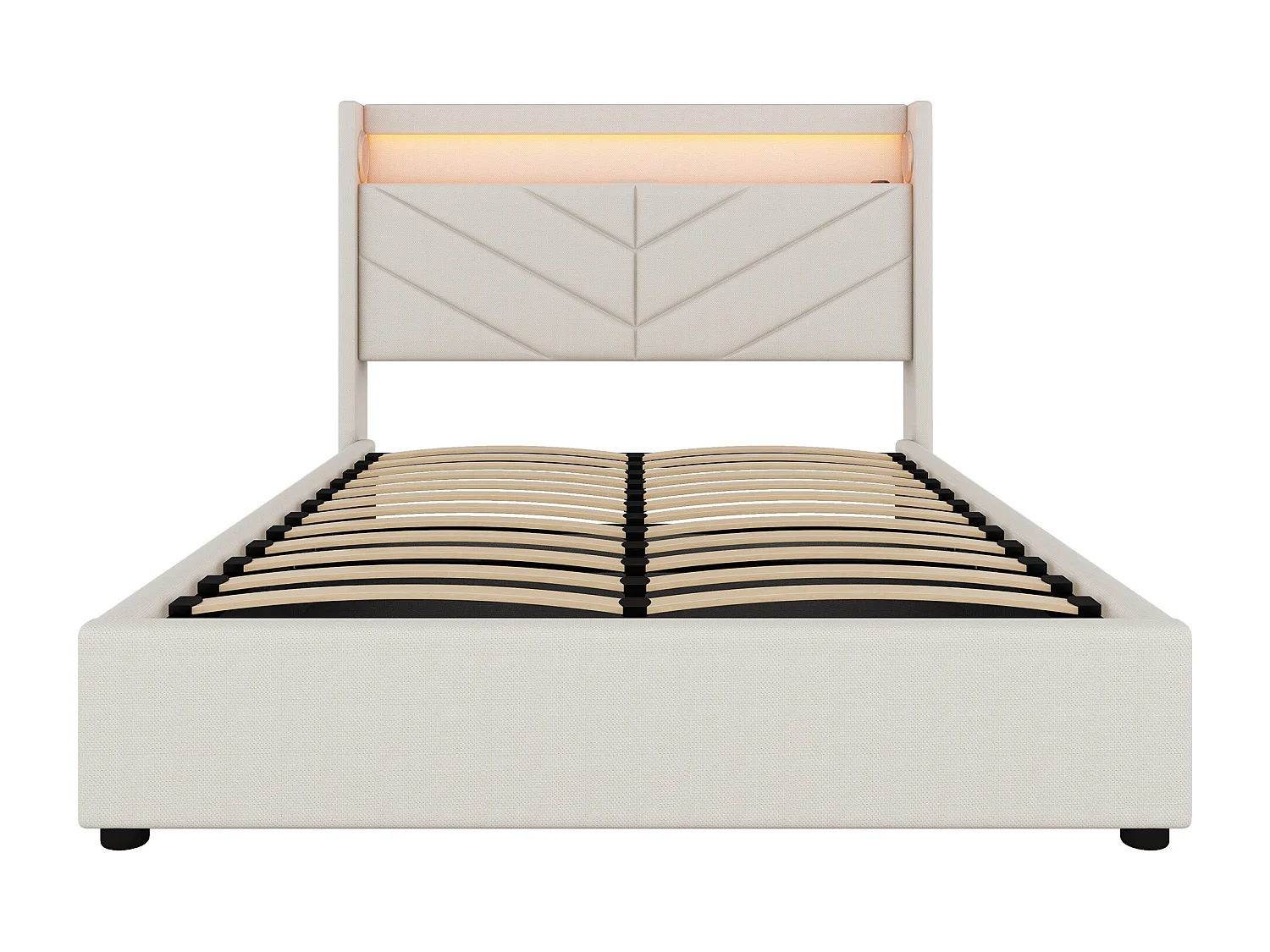 Lit coffre 140x190 cm - Lit adulte avec éclairage LED, recharge USB et système audio - lin beige