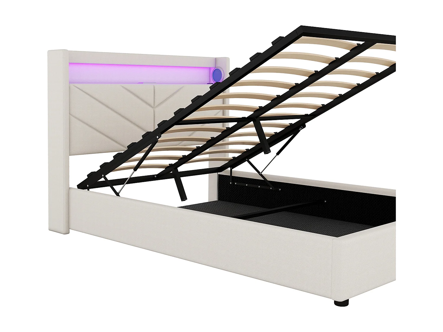 Lit coffre 140x190 cm - Lit adulte avec éclairage LED, recharge USB et système audio - lin beige