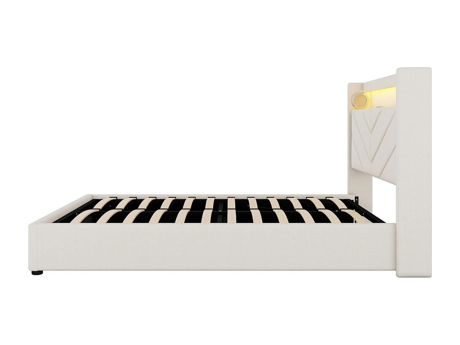 Lit coffre 140x190 cm - Lit adulte avec éclairage LED, recharge USB et système audio - lin beige