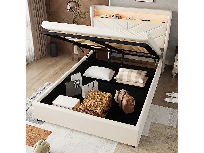 Lit coffre 140x190 cm - Lit adulte avec éclairage LED, recharge USB et système audio - lin beige