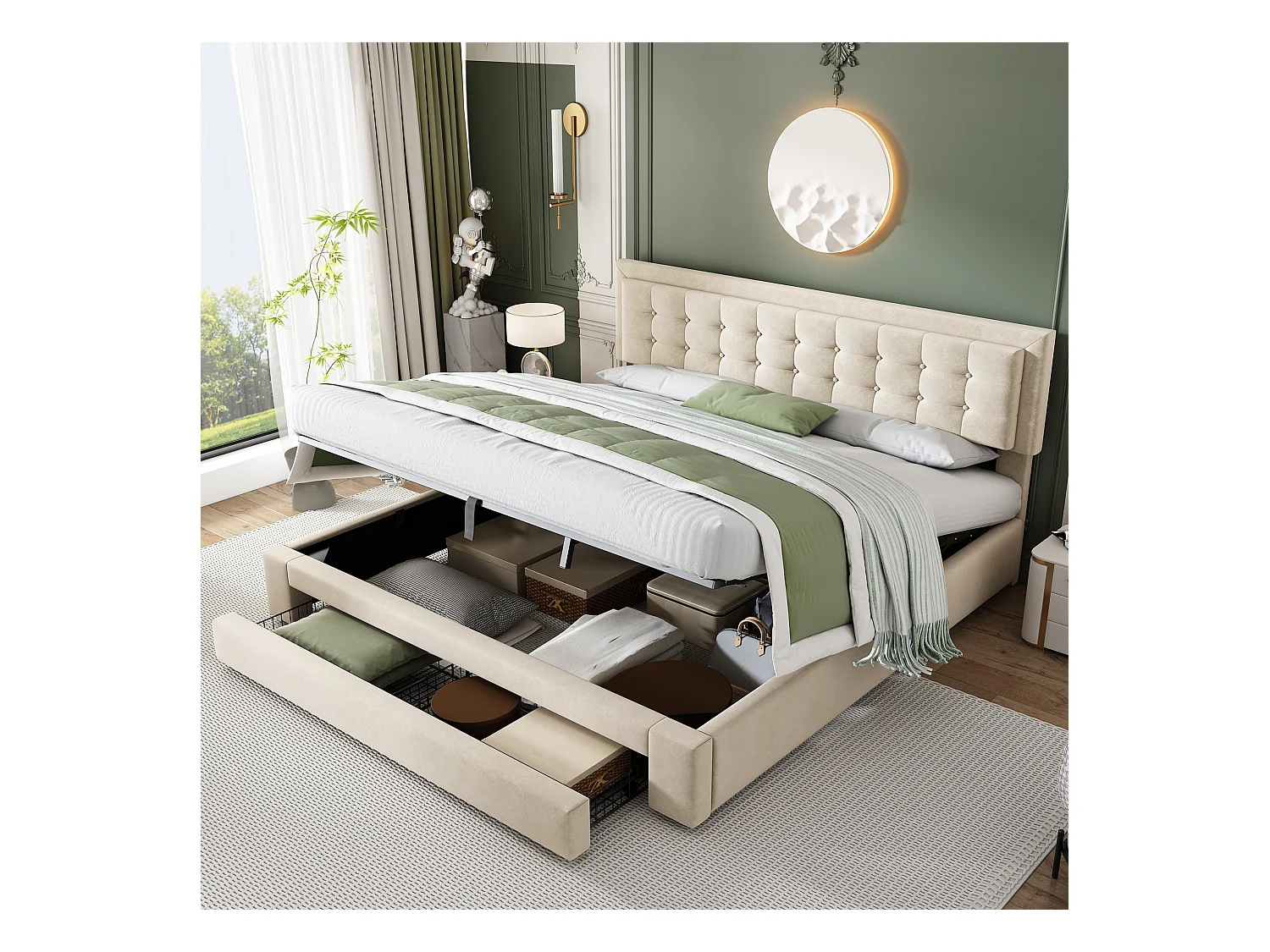 Lit coffre 160x200 cm - Lit adulte avec tiroirs et tête de lit réglable - velours beige - sans matelas