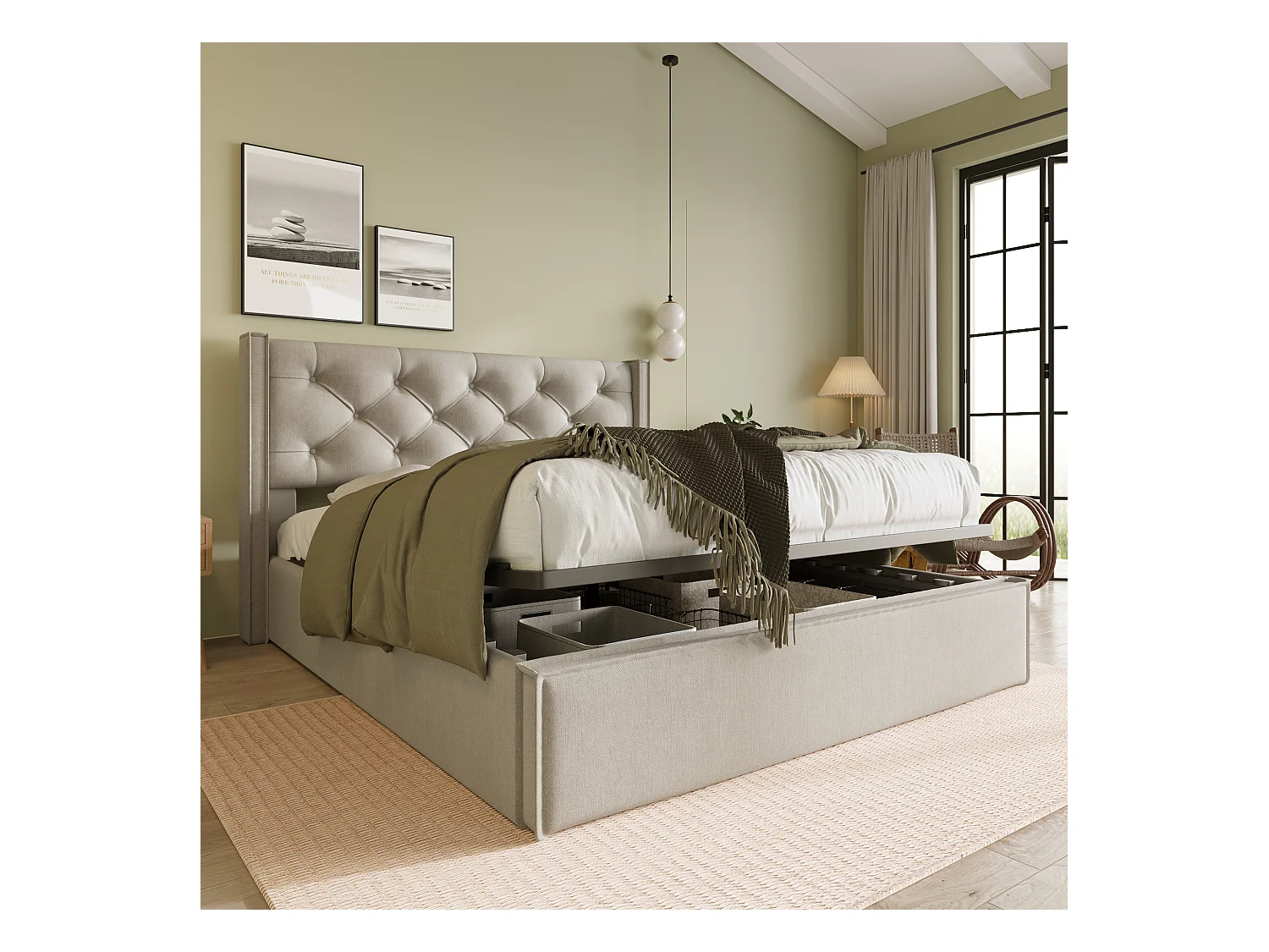 Lit coffre 140x200 cm - Lit adulte avec sommier à lattes métalliques - gris clair - coton - sans matelas