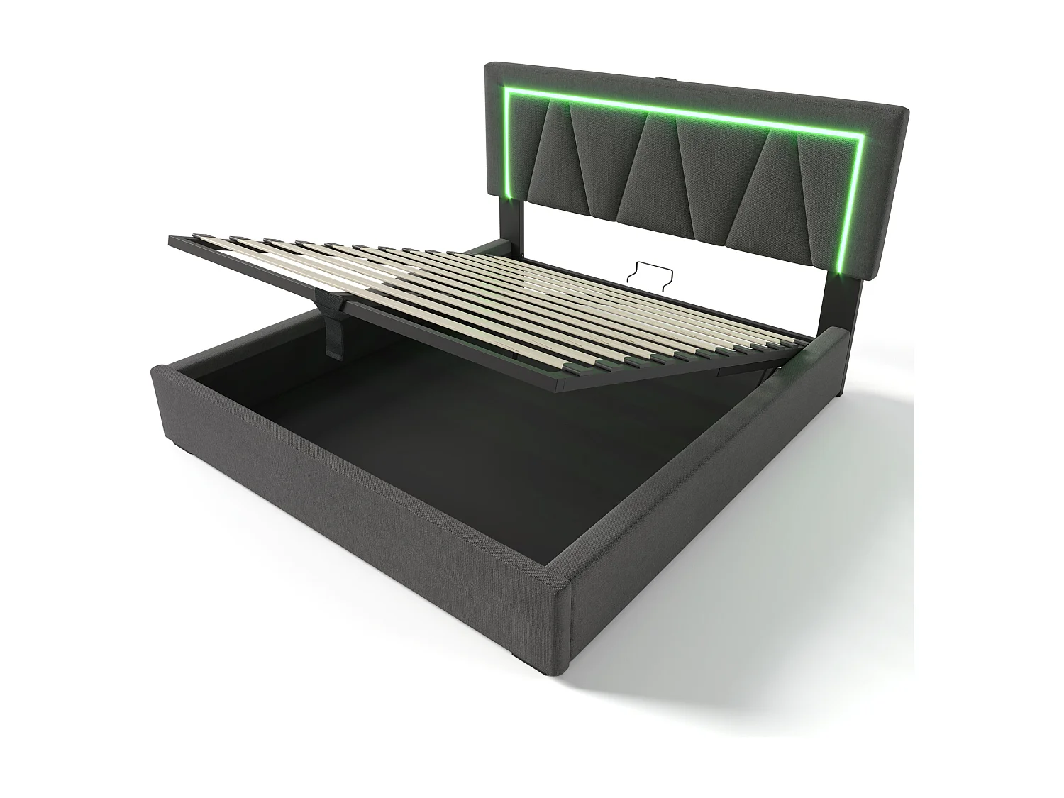 Opbergbed 140x200 cm - Volwassen bed met LED-verlichting en USB-oplader - grijs linnen - zonder matras