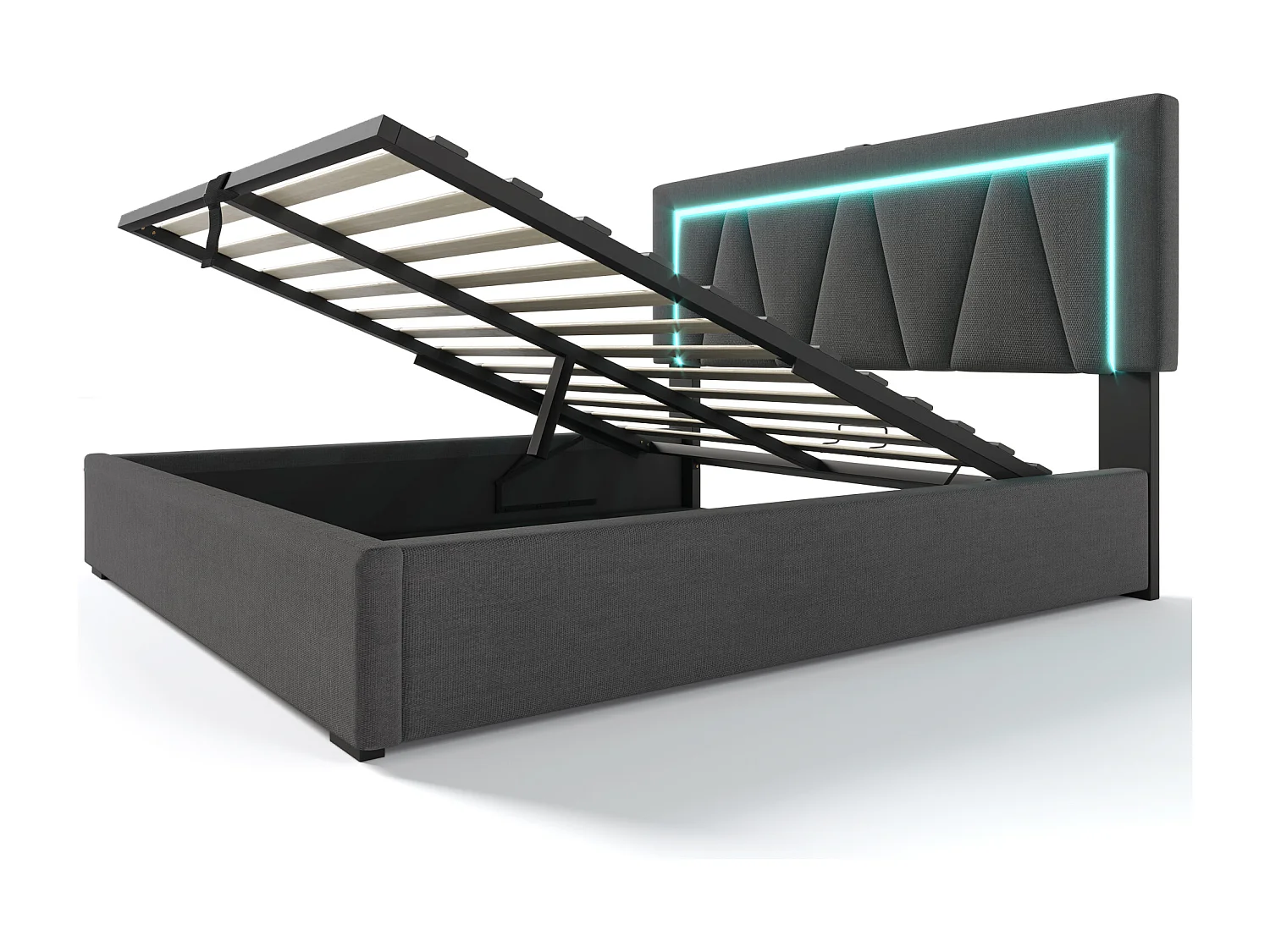 Opbergbed 140x200 cm - Volwassen bed met LED-verlichting en USB-oplader - grijs linnen - zonder matras