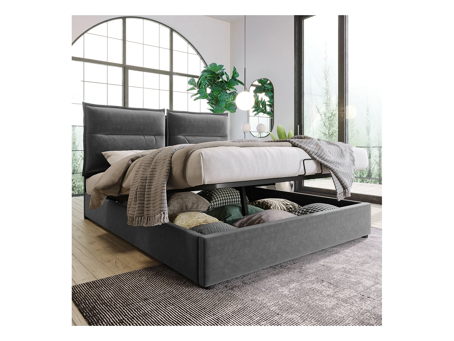 Lit coffre 140x200 cm - Lit adulte avec sommier à lattes - tête de lit réglable - velours gris - sans matelas