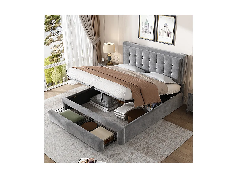 Łóżko 140x190 cm z pojemnikiem - Łóżko dla dorosłych z szufladami i regulowanym zagłówkiem - szary aksamit - bez materaca
