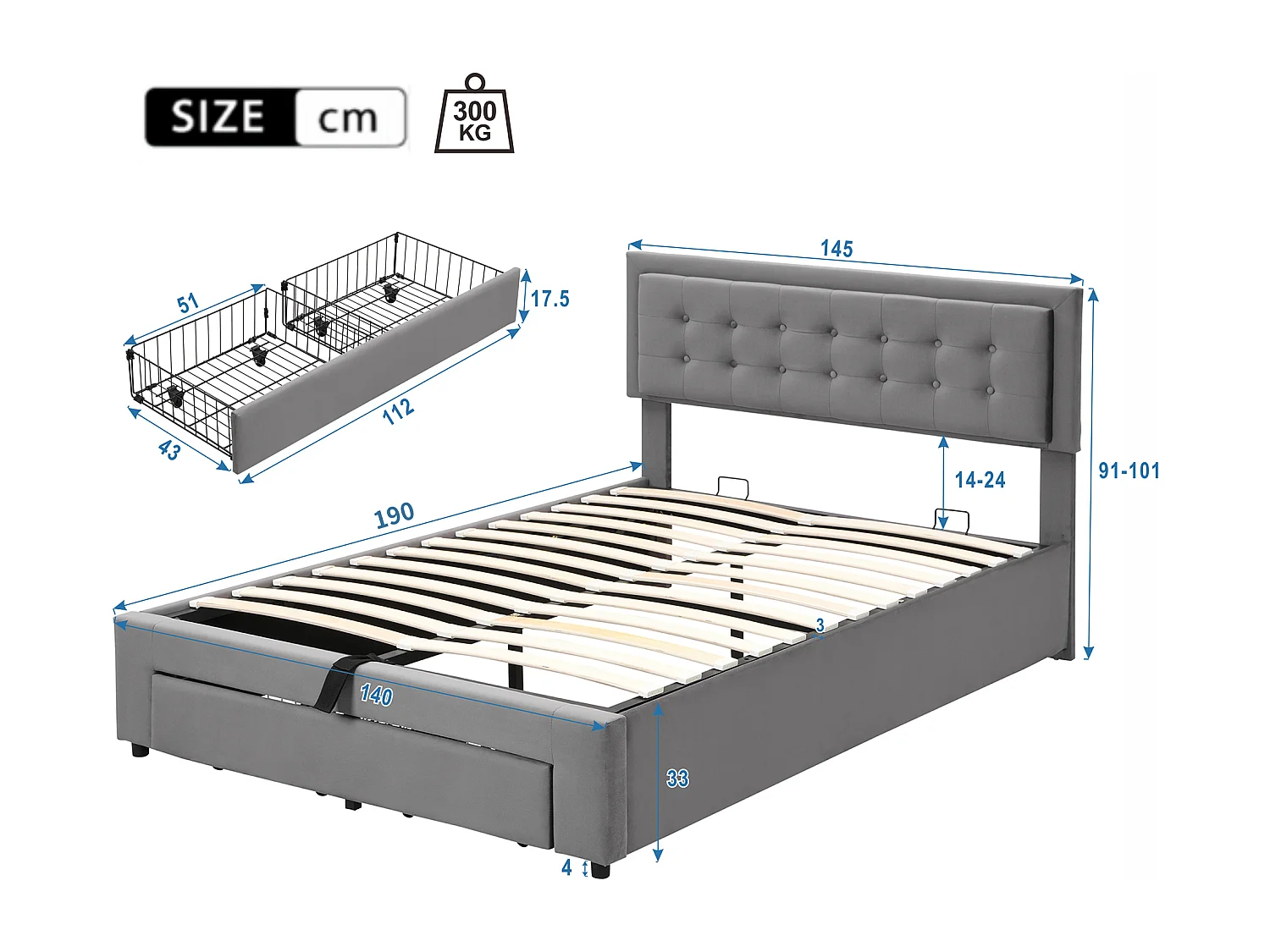 Cama com arrumação 140x190 cm - Cama de adulto com gavetas e cabeceira regulável - veludo cinzento - sem colchão