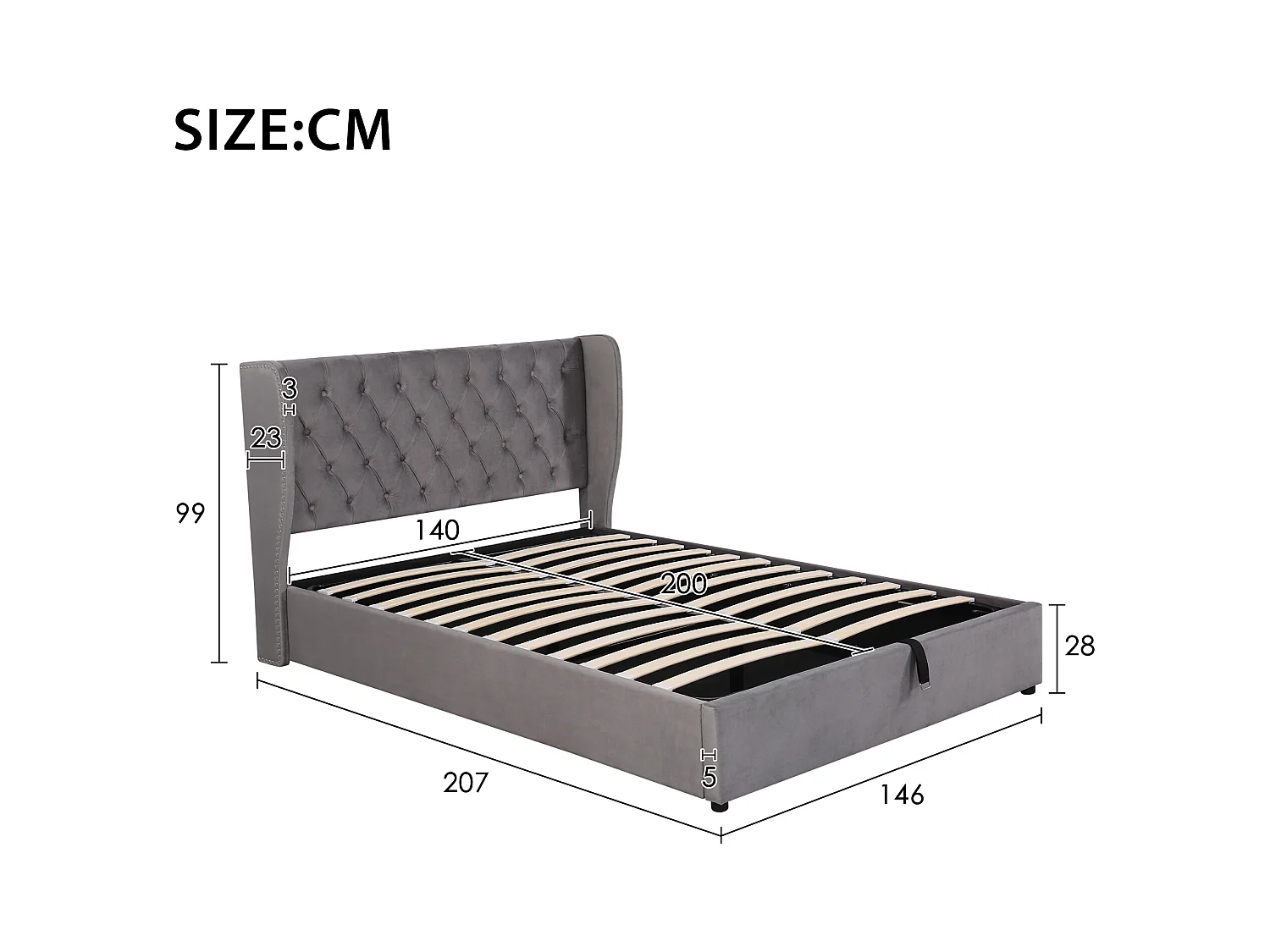 Cama con almacenaje 140x200 cm - Cama para adultos con cabecero acolchado - tejido de terciopelo - gris - sin colchón