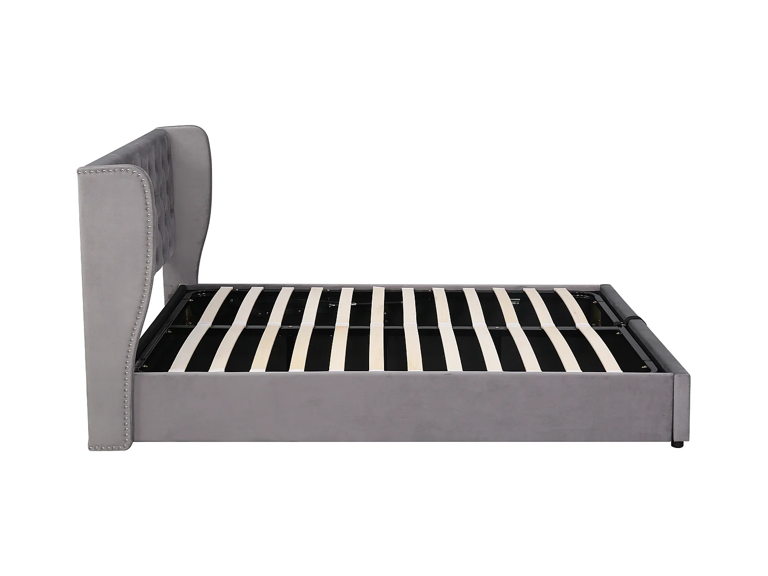 Lit coffre 140x200 cm - Lit adulte avec tête de lit capitonnée - tissu velours - gris - sans matelas