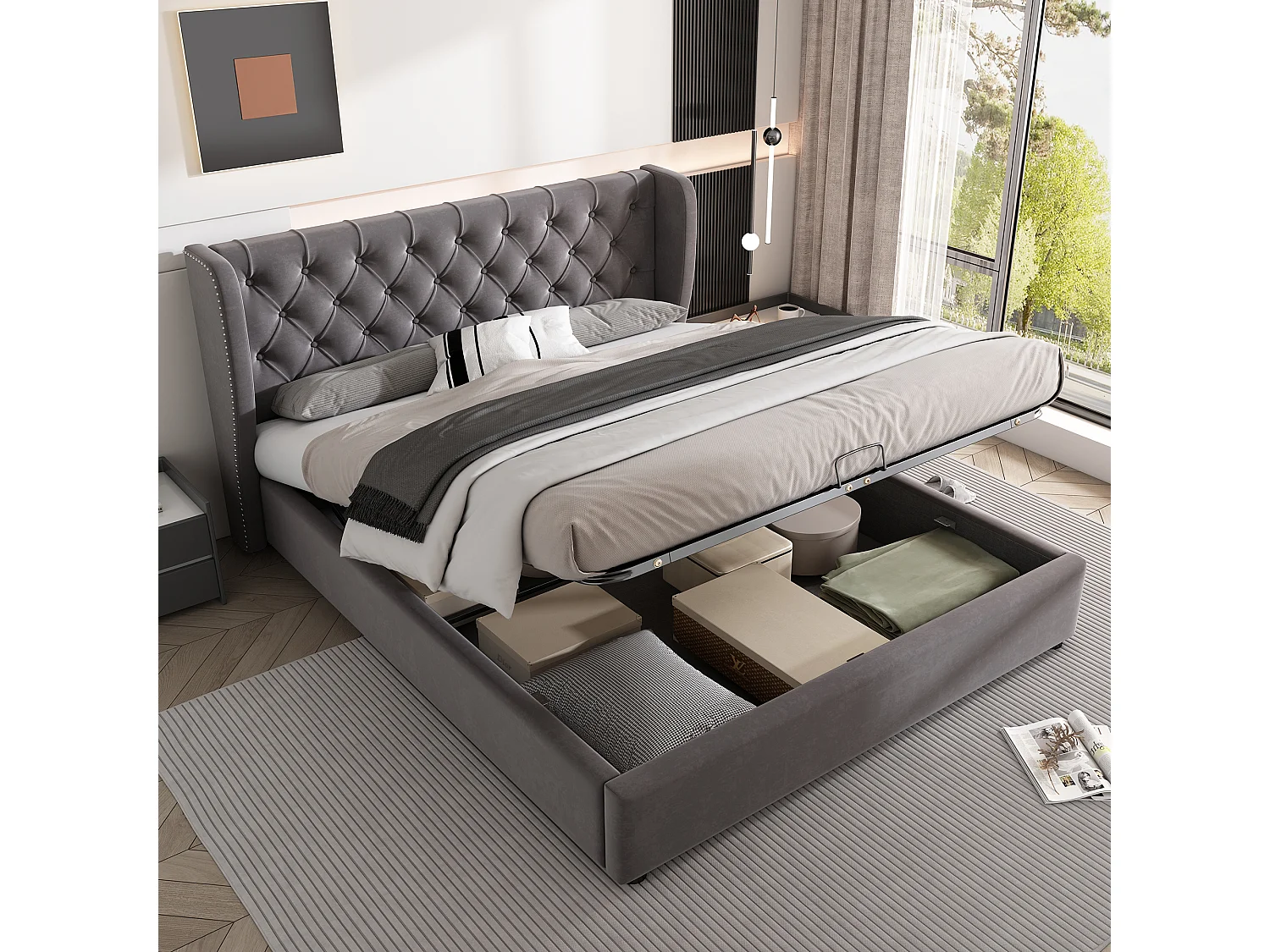 Lit coffre 140x200 cm - Lit adulte avec tête de lit capitonnée - tissu velours - gris - sans matelas