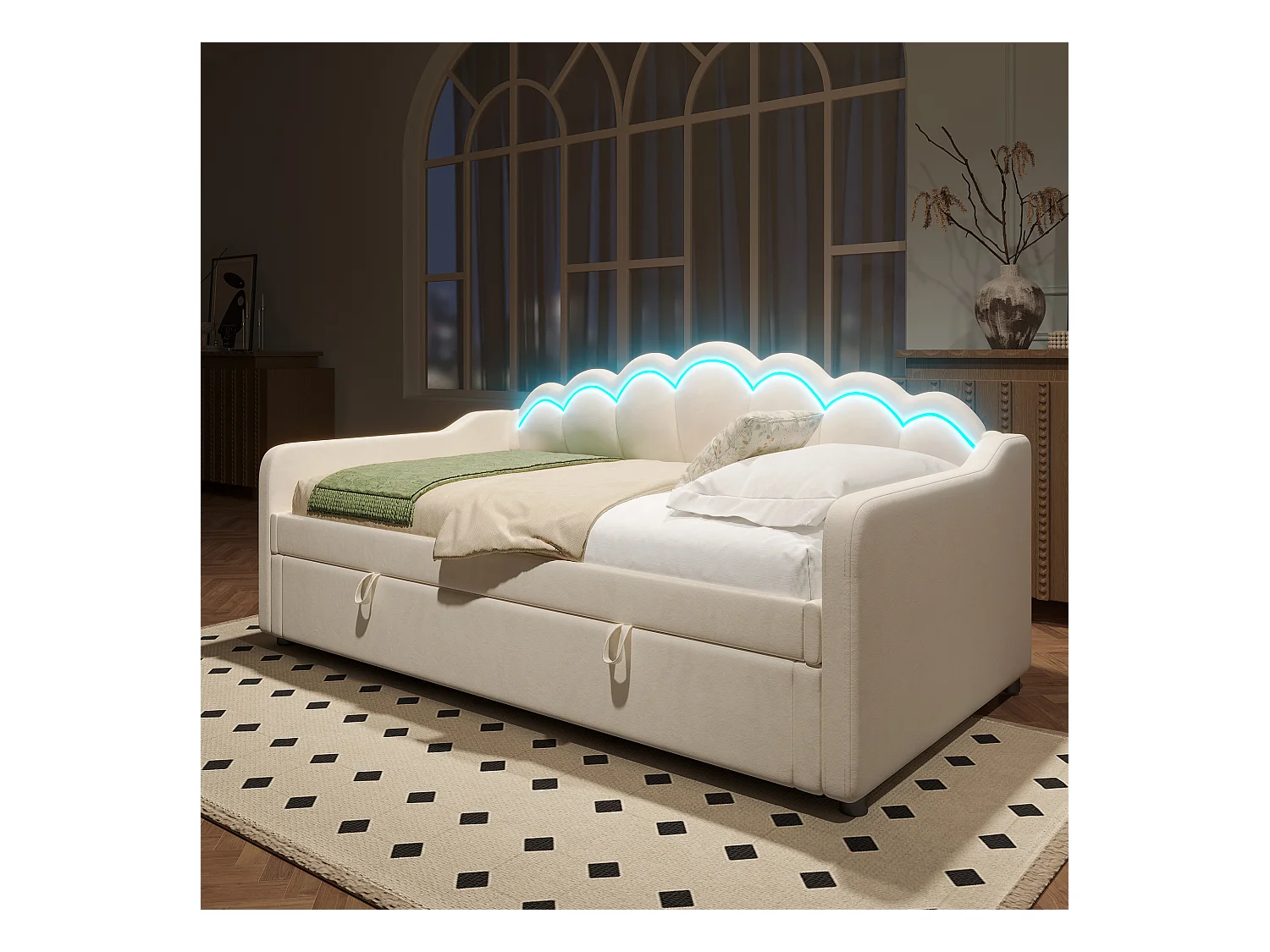 Lit coffre 90x200 cm - Lit enfant avec bande lumineuse LED changeante de couleur - velours beige - sans matelas