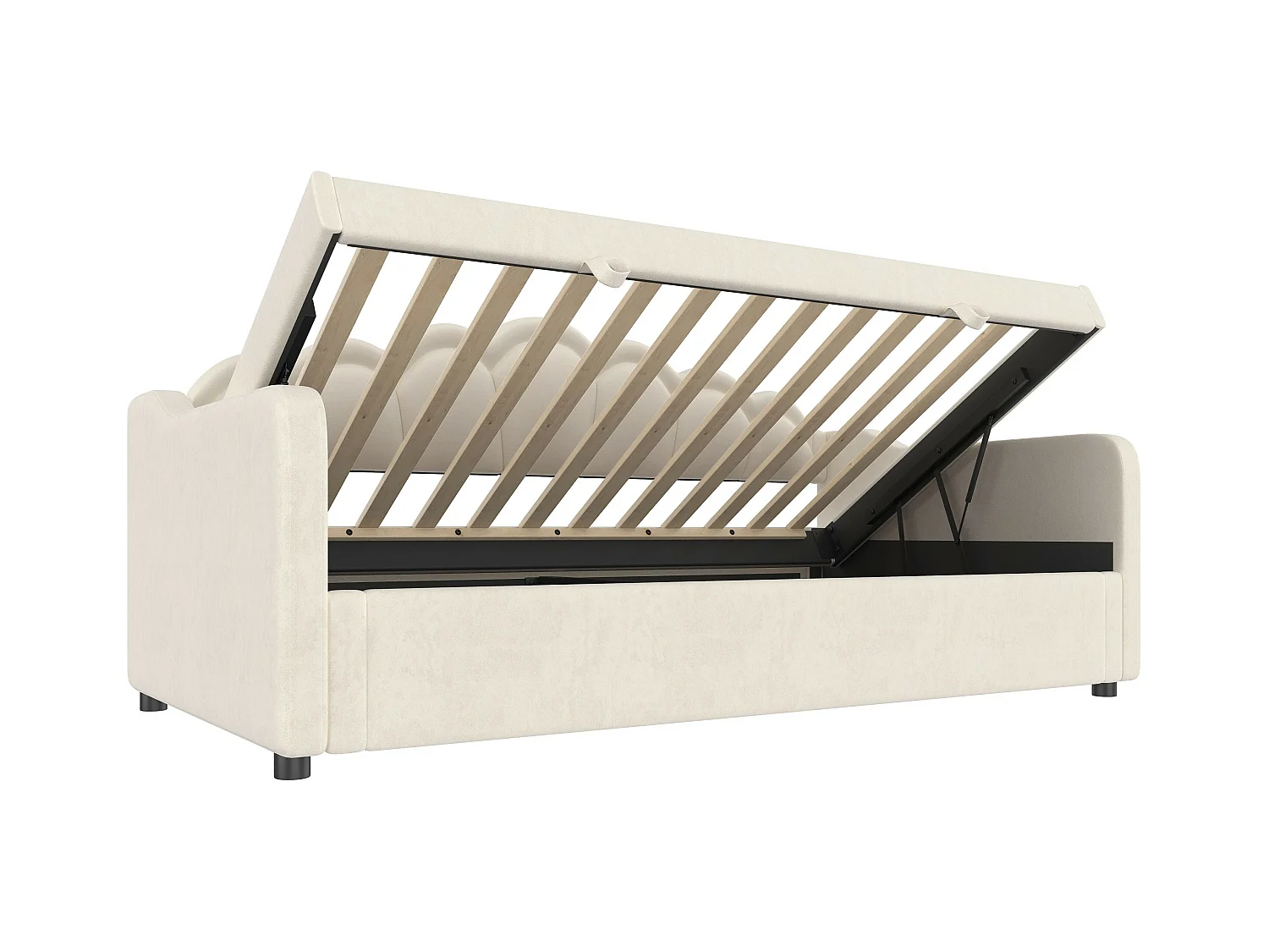 Lit coffre 90x200 cm - Lit enfant avec bande lumineuse LED changeante de couleur - velours beige - sans matelas