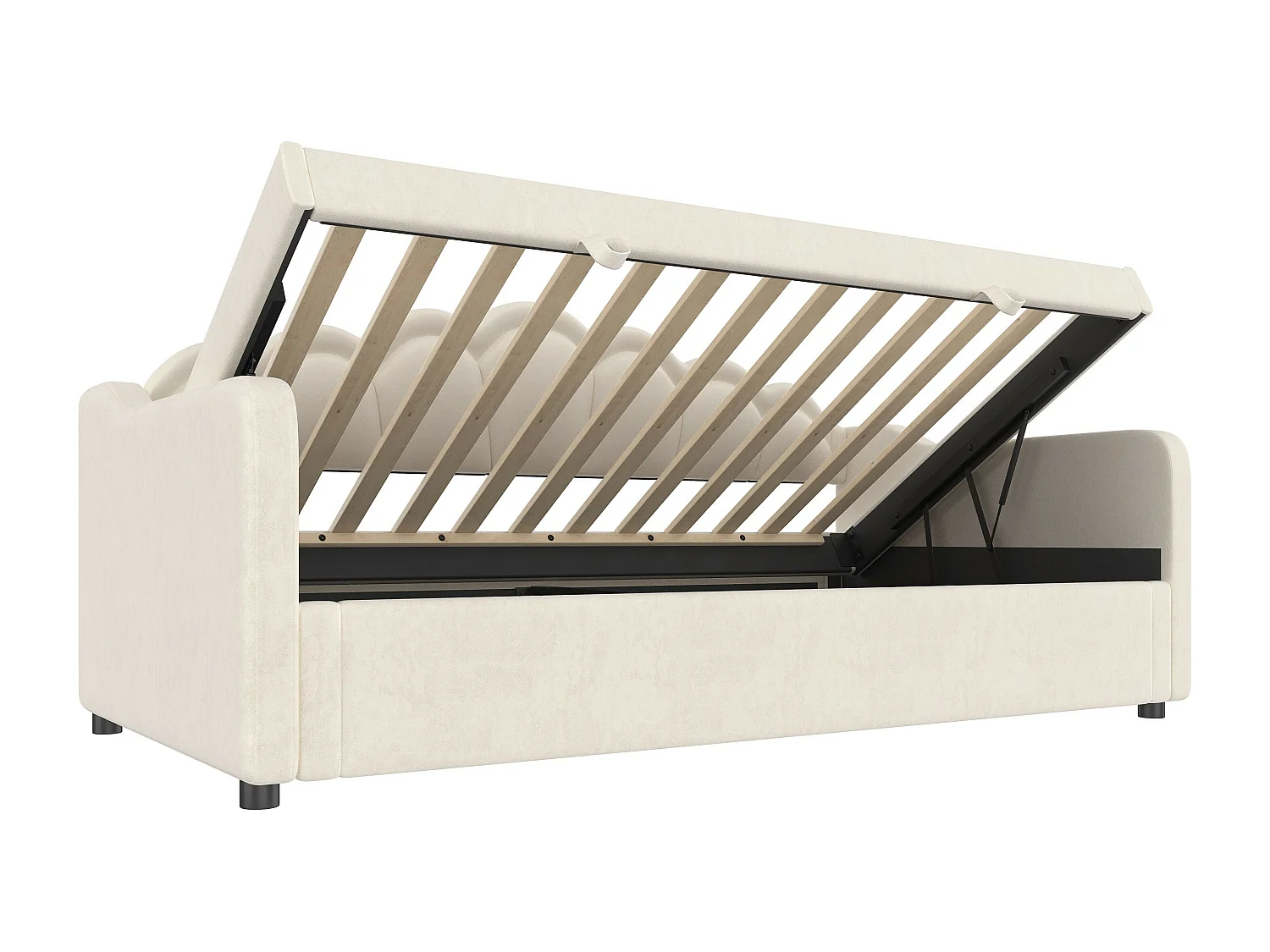 Lit coffre 90x200 cm - Lit enfant avec bande lumineuse LED changeante de couleur - velours beige - sans matelas