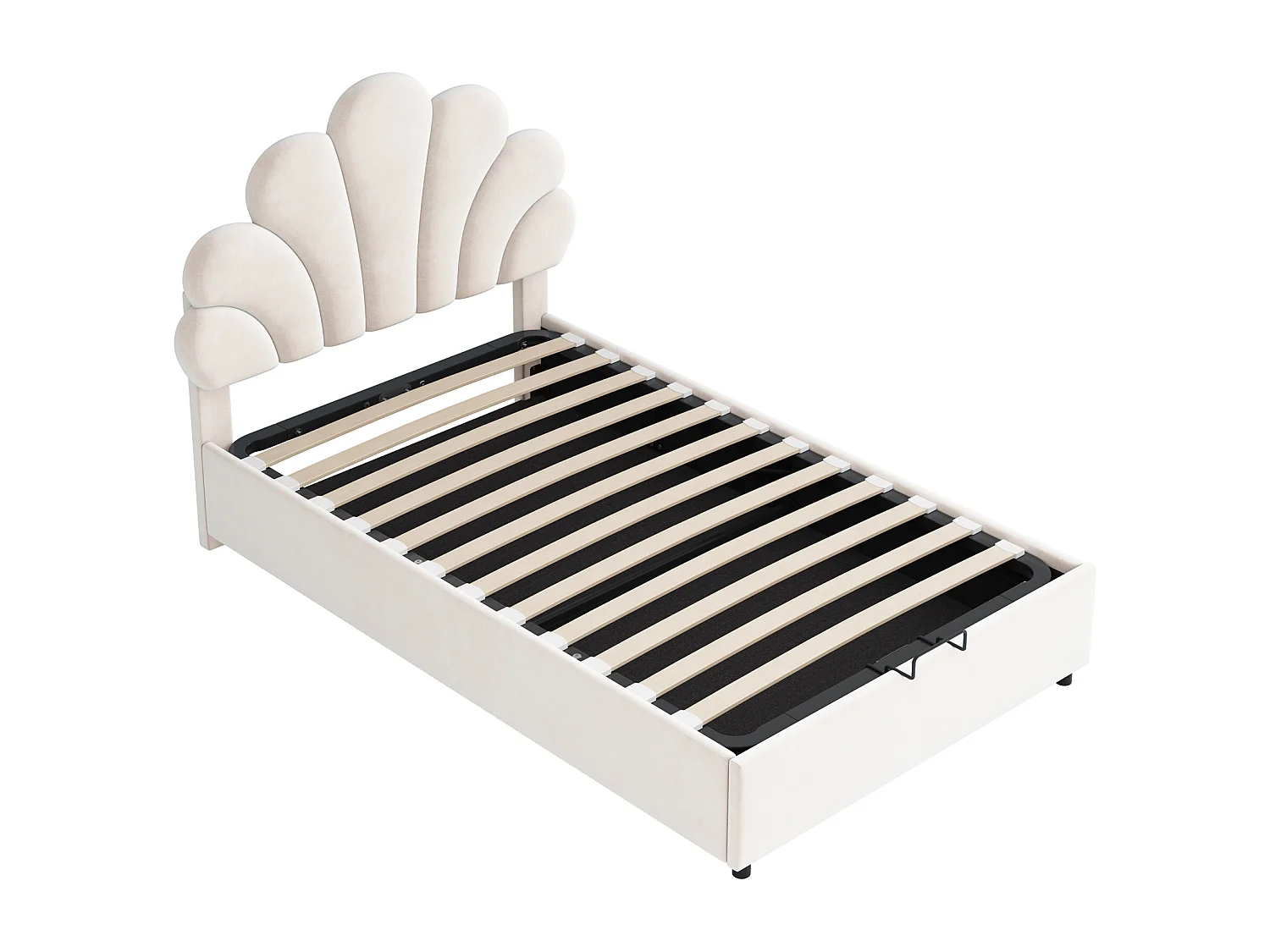 Lit coffre 90x200 cm - Lit enfant avec tête de lit réglable et sommier à lattes - velours beige