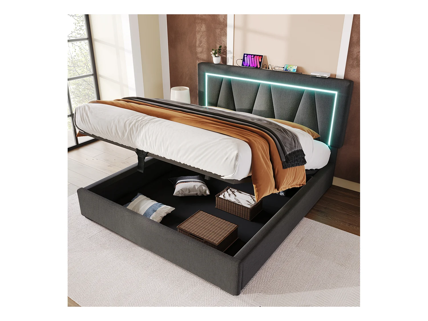 Letto contenitore 160x200 cm - Letto imbottito con illuminazione LED e ricarica USB - lino grigio - senza materasso