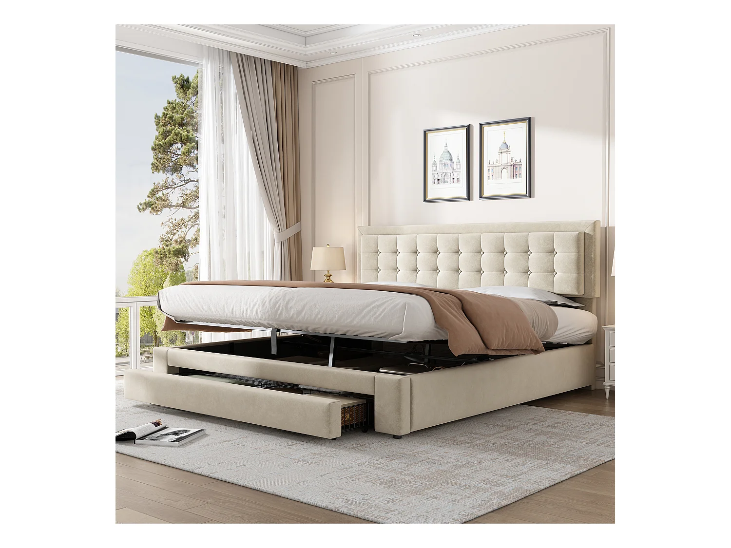 Lit coffre 180x200 cm - Lit double avec tiroirs et tête de lit réglable - velours beige - sans matelas