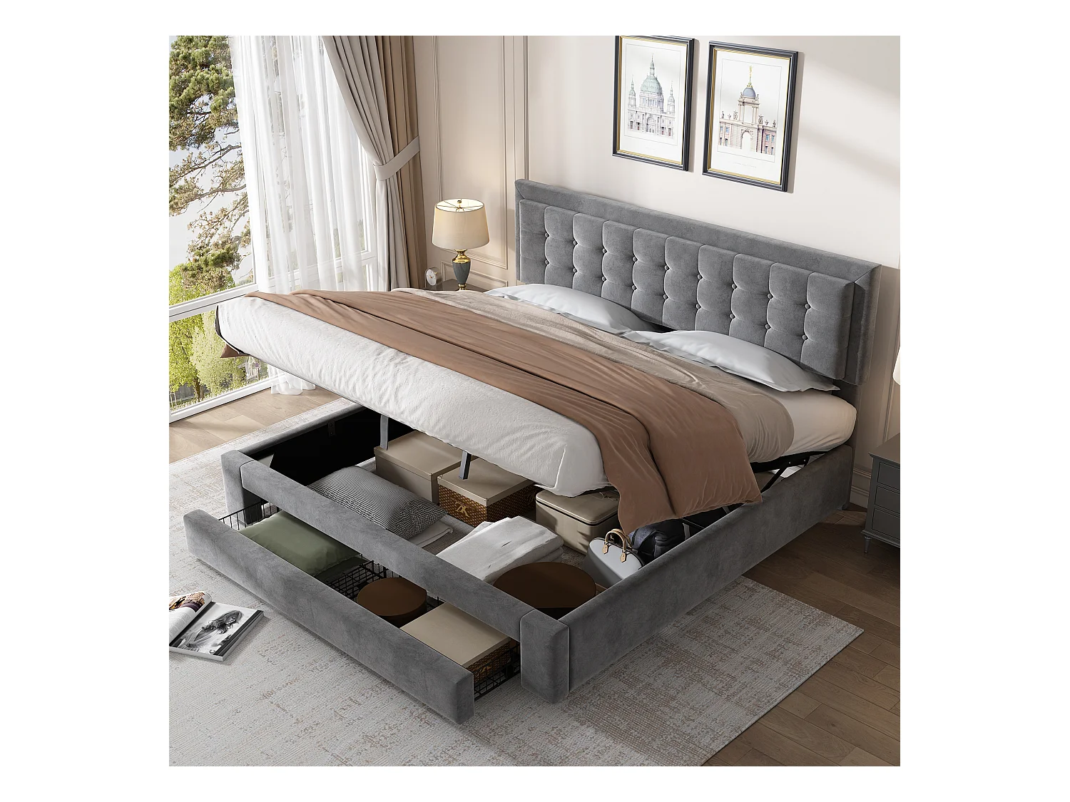 Lit coffre 180x200 cm - Lit double avec tiroirs et tête de lit réglable - velours gris - sans matelas