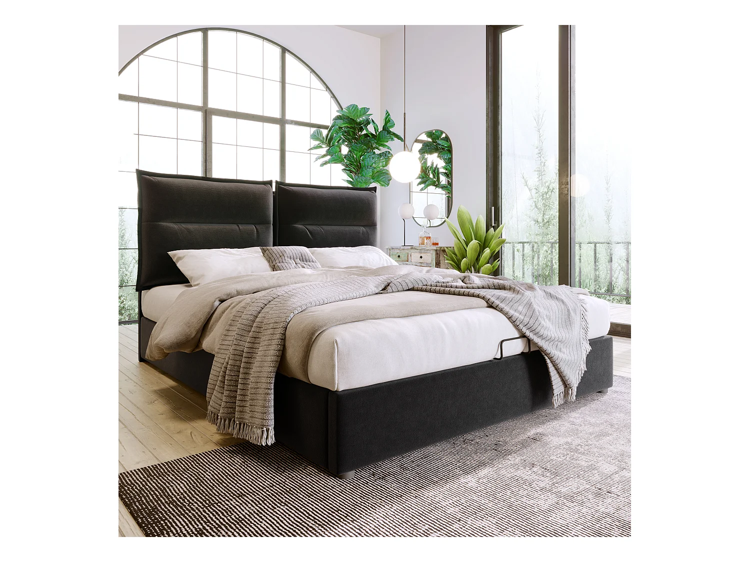 Lit coffre 140x200 cm - Lit adulte avec sommier à lattes - tête de lit réglable - velours noir - sans matelas