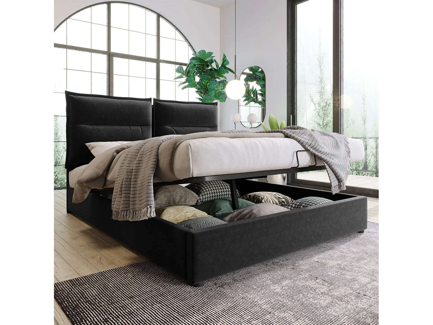 Lit coffre 140x200 cm - Lit adulte avec sommier à lattes - tête de lit réglable - velours noir - sans matelas