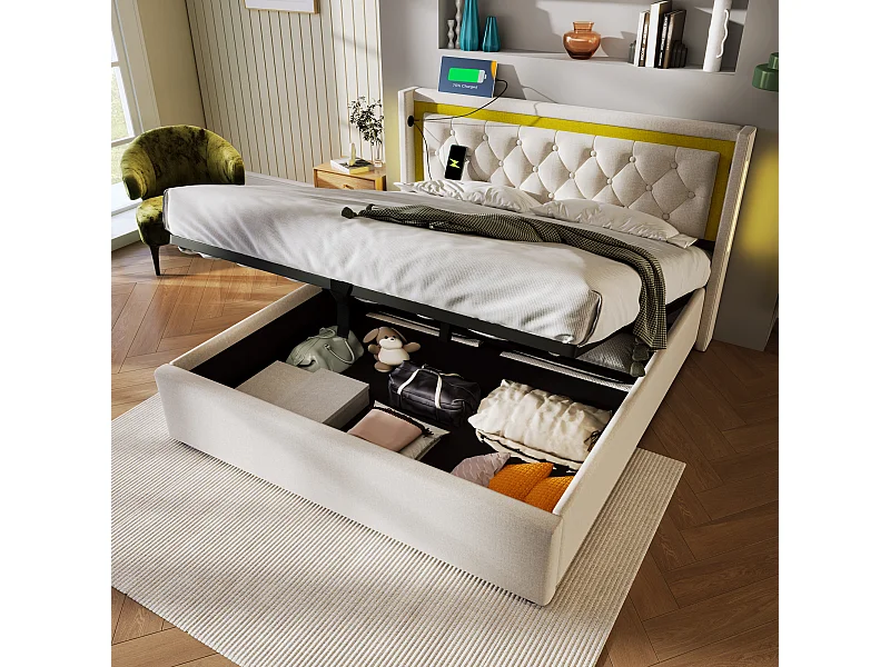 Cama com baú 160x200 cm - Cama de adulto com carregador USB e luz LED - Bege - Algodão - Sem colchão